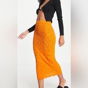 Topshop crinkle midi skirt in orange